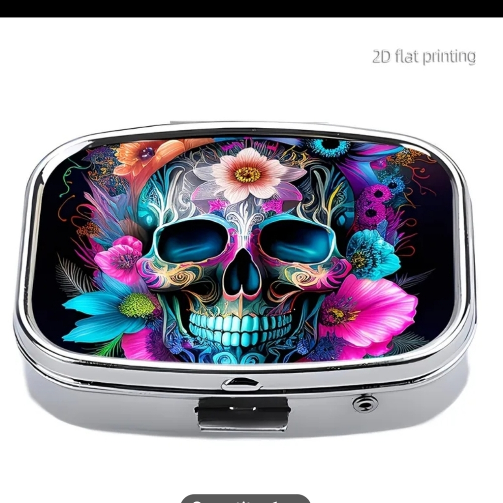 🆕️💊☠️SUGAR SKULL PORTABLE METAL PILL BOX ORGANIZER WITH MIRROR☠️💊 - Picture 12 of 13
